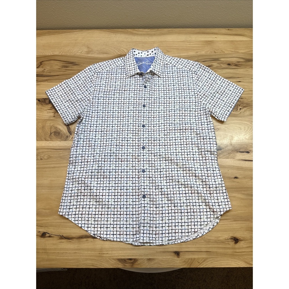 Robert Graham Shirt Mens Large White Multicolor Grid Short Sleeve Geo Print
